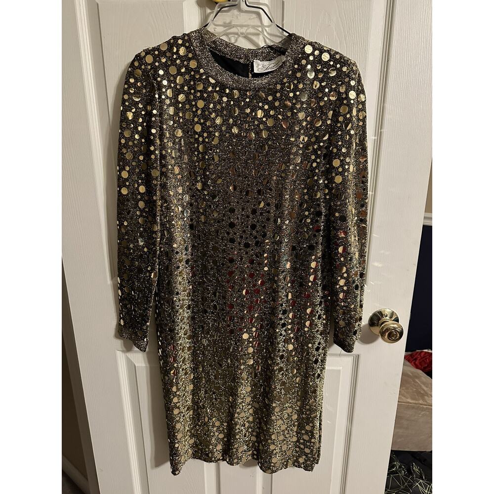VNT Gold Bodycon Cocktail Dress 80s 90s Small 4 Metallic Polka Dots Disco Party